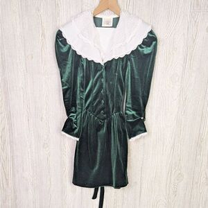 Vintage 80s Miss Victoria Girls Size 10 Green Velvet Babydoll Cottage Dress USA